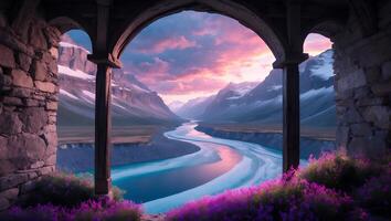 Scenic Mountain River View Through Stone Archway with Colorful Sky photo