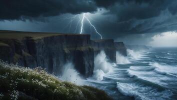 Dramatic Cliffs and Crashing Waves Under a Lightning Filled Sky photo