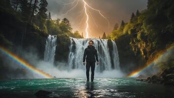 Person Standing in River Before Waterfall with Rainbow and Lightning photo