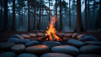 Campfire Burning in Forest Clearing with Stones and Tall Trees photo