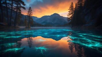 Still Mountain Lake Reflecting Dramatic Sunset Sky with Mysterious Light photo