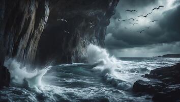 Waves Crashing Against Cave Entrance Under Dark Stormy Sky with Birds photo
