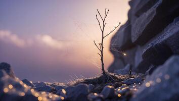 Small Tree with Cobwebs at Dusk on Rocky Terrain photo