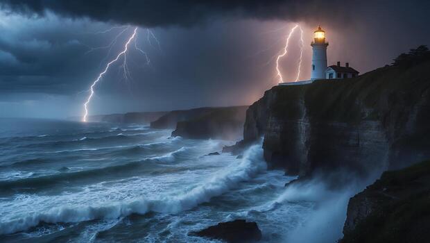 Lighthouse on Cliff During Storm with Lightning and Crashing Waves photo