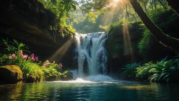 Waterfall Flowing in Lush Forest with Sunbeams and Vibrant Flowers photo