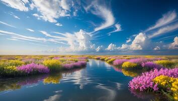 Waterway Flowing Through Field with Yellow and Purple Flowers Reflecting Sky photo