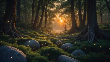 Sunlit Forest Path with Mossy Stones and Glowing Lights photo