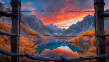 Reflecting Mountain Lake at Dusk Framed by Old Wooden Fence photo