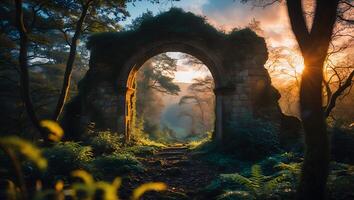 Stone Archway Leading Into Forest Path with Sunlight and Ferns photo