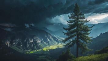 Pine Tree Overlooking Green Valley in Dramatic Mountain Landscape Scene photo