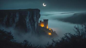 Castle on Cliffside Enshrouded in Fog Under Crescent Moon at Night photo