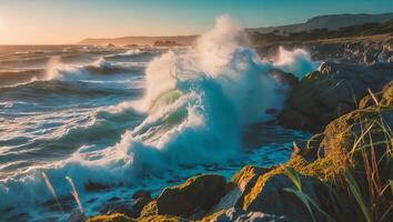 Ocean Waves Crashing on Rocky Shoreline at Sunset with Golden Light photo
