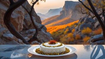 Delicious Cake with Pistachios and Mountain View for Special Occasion photo