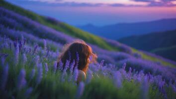 Woman Enjoying Lavender Field at Dusk Serene Purple Landscape Scene photo