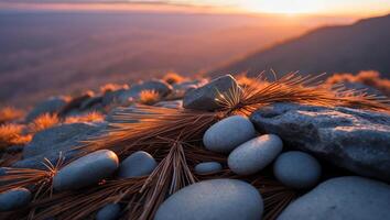 Stones and Needles at Sunset with Mountain Horizon View photo