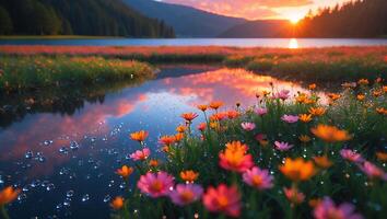 Blooming Flowers Reflecting Sunset Over Calm Lake with Forest Background photo