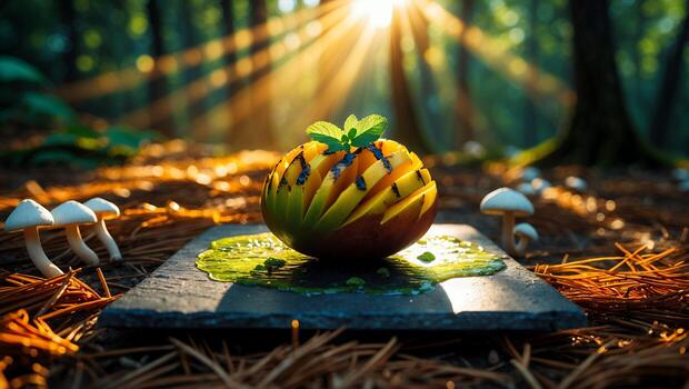Cut Mango with Mint on Slate Slab in Forest Sunlight photo