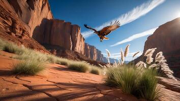 Eagle Soaring Over Desert Canyon with Grasses and Clear Blue Sky photo