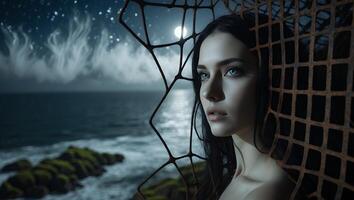 Woman Gazing at the Ocean Under Moonlight Through Weathered Metal Barrier photo