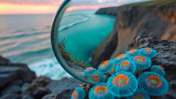 Ocean Coastline Through Crystal Orb with Rock and Coastal Vegetation photo