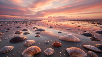 Seashells on Sandy Beach at Sunset with Sky Reflection photo
