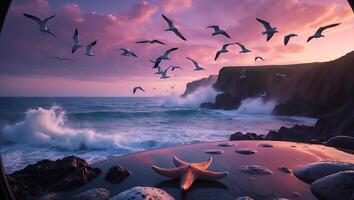 Seagulls Flying Over Crashing Waves with Starfish on Shiny Surface photo