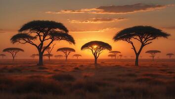 Trees Silhouetted in Golden Sunset Light Over Plains Landscape photo