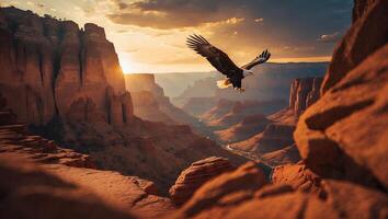 Eagle Flying Over Desert Canyon at Sunset with Majestic Landscape photo