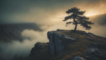 Lone Tree Standing on Rocky Cliff Edge with Foggy Mountain Backdrop photo
