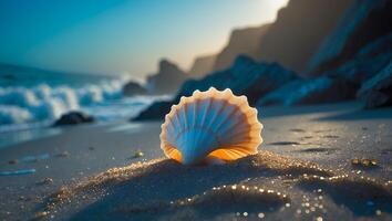 Seashell on Sandy Beach at Sunset with Ocean Waves Crashing photo