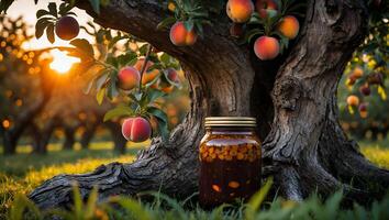 Peach Preserve Jar Under Tree in Orchard at Golden Hour photo