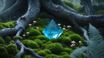 Glowing Diamond on Mossy Forest Floor with Mushrooms and Tree Roots photo