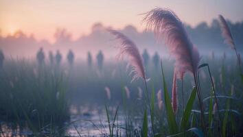 Tall Grass Blooms in Misty Field at Sunrise with People photo