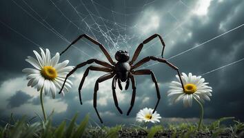 Spider on Web with Daisies in Field Against Moody Sky photo