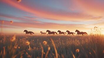 Horses Running Freely Through Grassy Field at Colorful Sunset photo