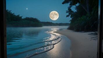 Full Moon Over Tropical Beach Waters Seen From Window View photo