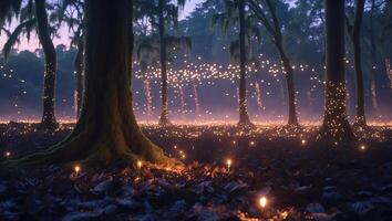 Glowing Lights Illuminate Dark Forest Floor at Twilight Creating Magical Atmosphere photo