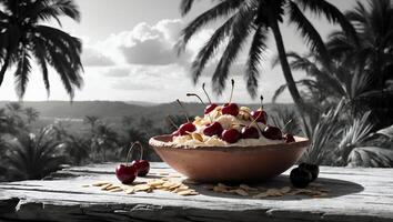 Serving Cherries with Cream and Almonds on Rustic Table with Palms photo