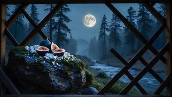 Figs and Cheese Overlooking Forest River Underneath a Full Moon photo