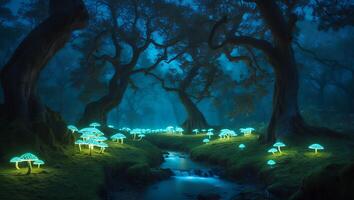 Glowing Mushrooms by a Forest Stream Creates a Magical Scene photo