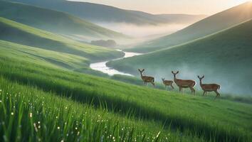 Deer Standing on Green Hillside with Winding River and Morning Mist photo