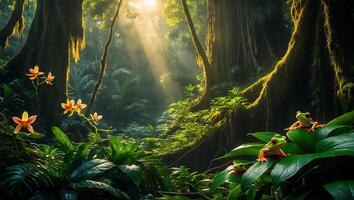 Frogs and Sunlit Forest a Biodiversity Rich Tropical Ecosystem Scene photo