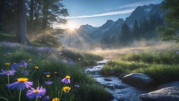 Mountain Stream Flowing Through Meadow with Sun Rays and Flowers photo
