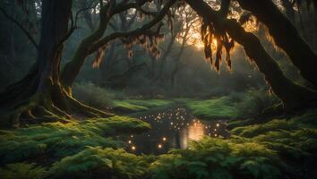 Enchanted Forest River with Glowing Lights and Mossy Treescape photo