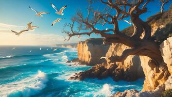 Seagulls Flying Over Cliffs and Ocean with an Interesting Twisted Tree photo