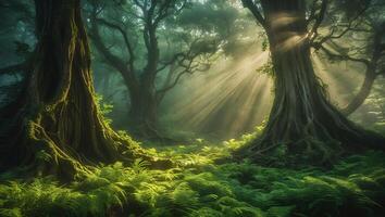 Sunbeams Through Forest Trees Creating Mystical Atmospheric Woodland Scene photo
