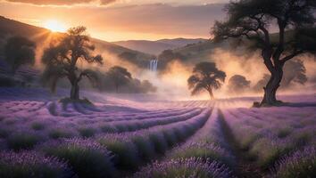 Lavender Field with Waterfall and Trees Under a Beautiful Sunset Sky photo
