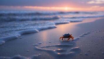 Crab Walking on Sandy Beach at Sunset with Ocean Waves photo