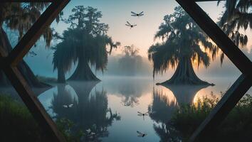 Still Lake Reflecting Trees and Sky Through Wooden Frame at Dawn photo
