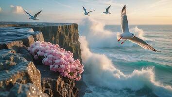 Seagulls Flying Over Cliffside with Flowers and Crashing Waves at Sunset photo